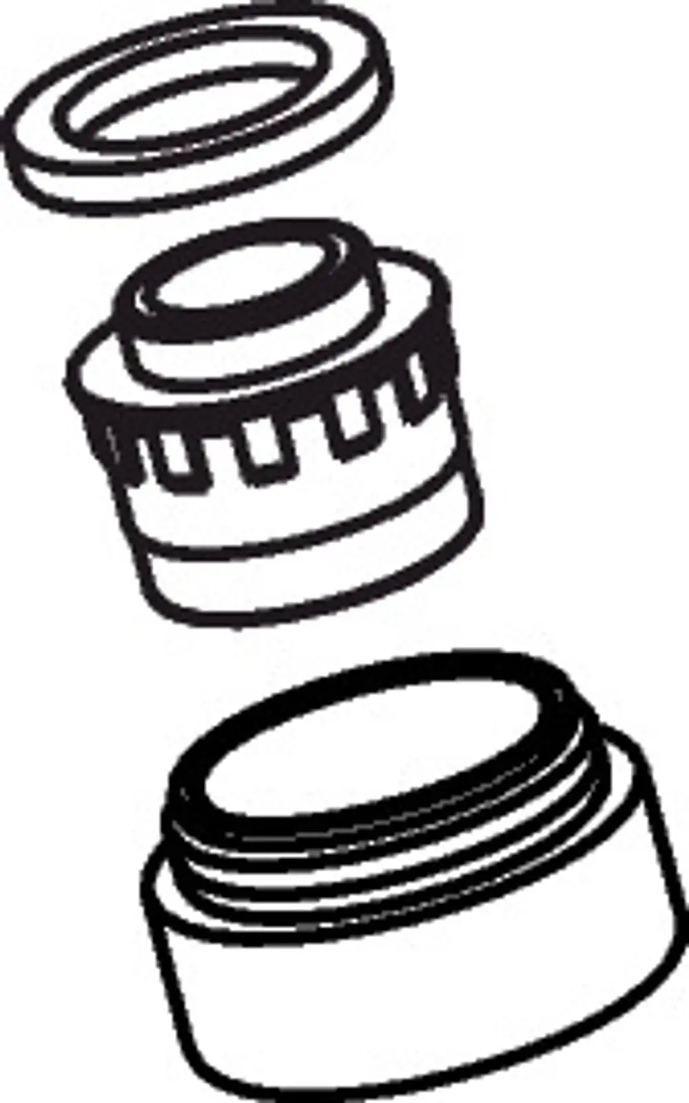 Axor Luftsprudler mit abnehmbaren Komponenten, bestehend aus einer oberen Abdeckung, einem mittleren Element und einem unteren Teil, in schlichter Form.